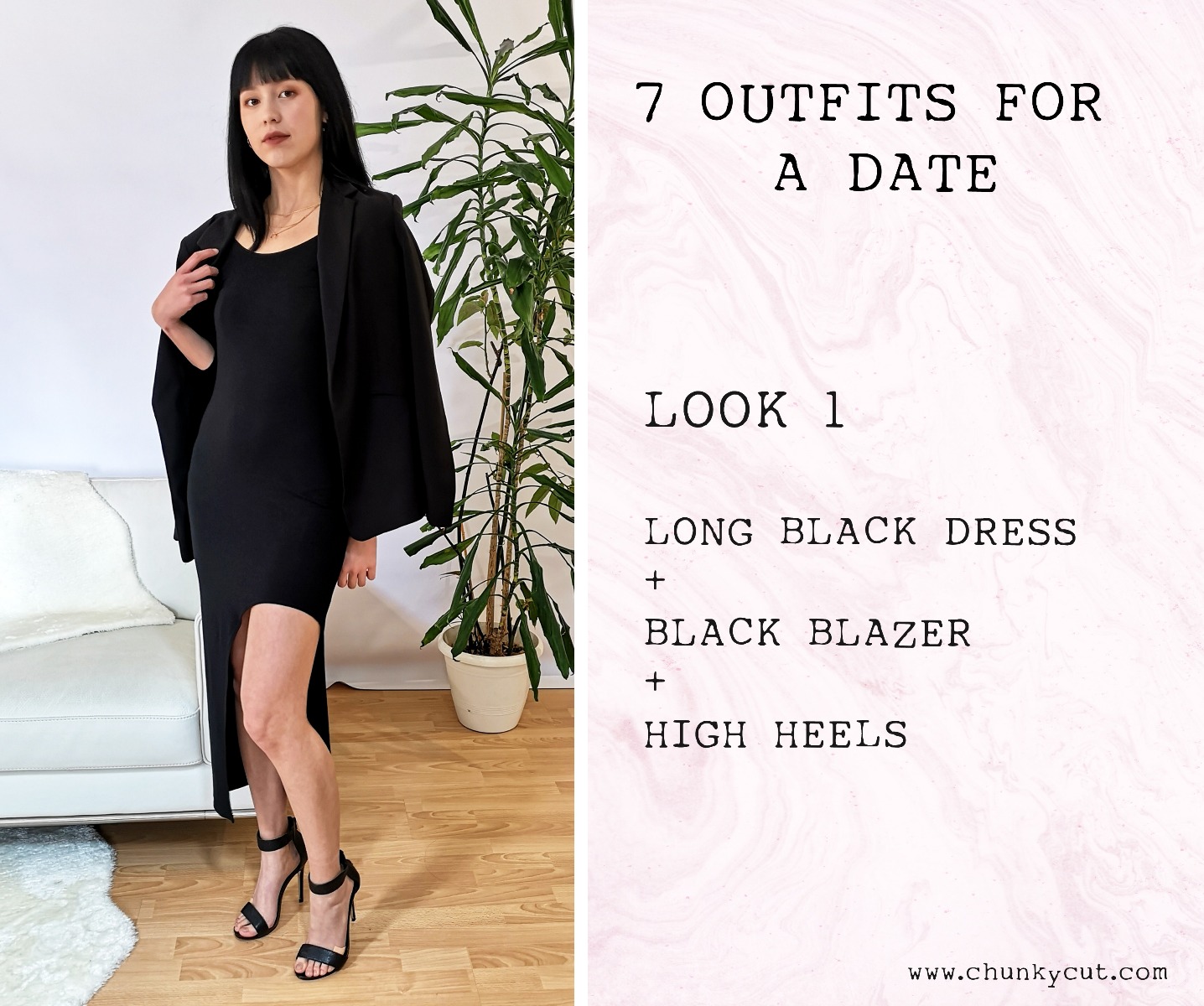 Look 1 - Long Black dress with a black blazer and high heels