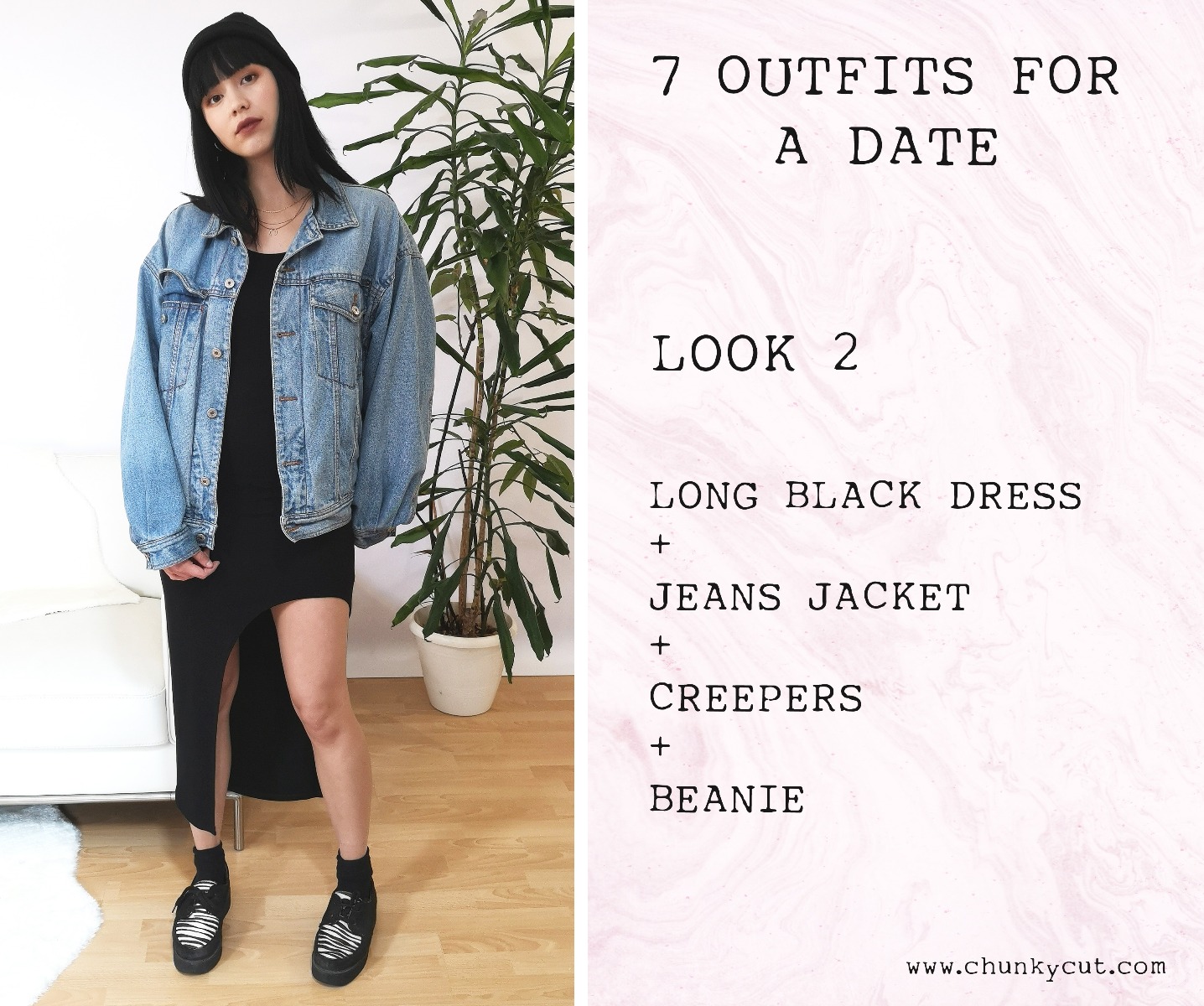 Look 2 with a long black dress, a blue jeans jacket, some creepers and a beanie