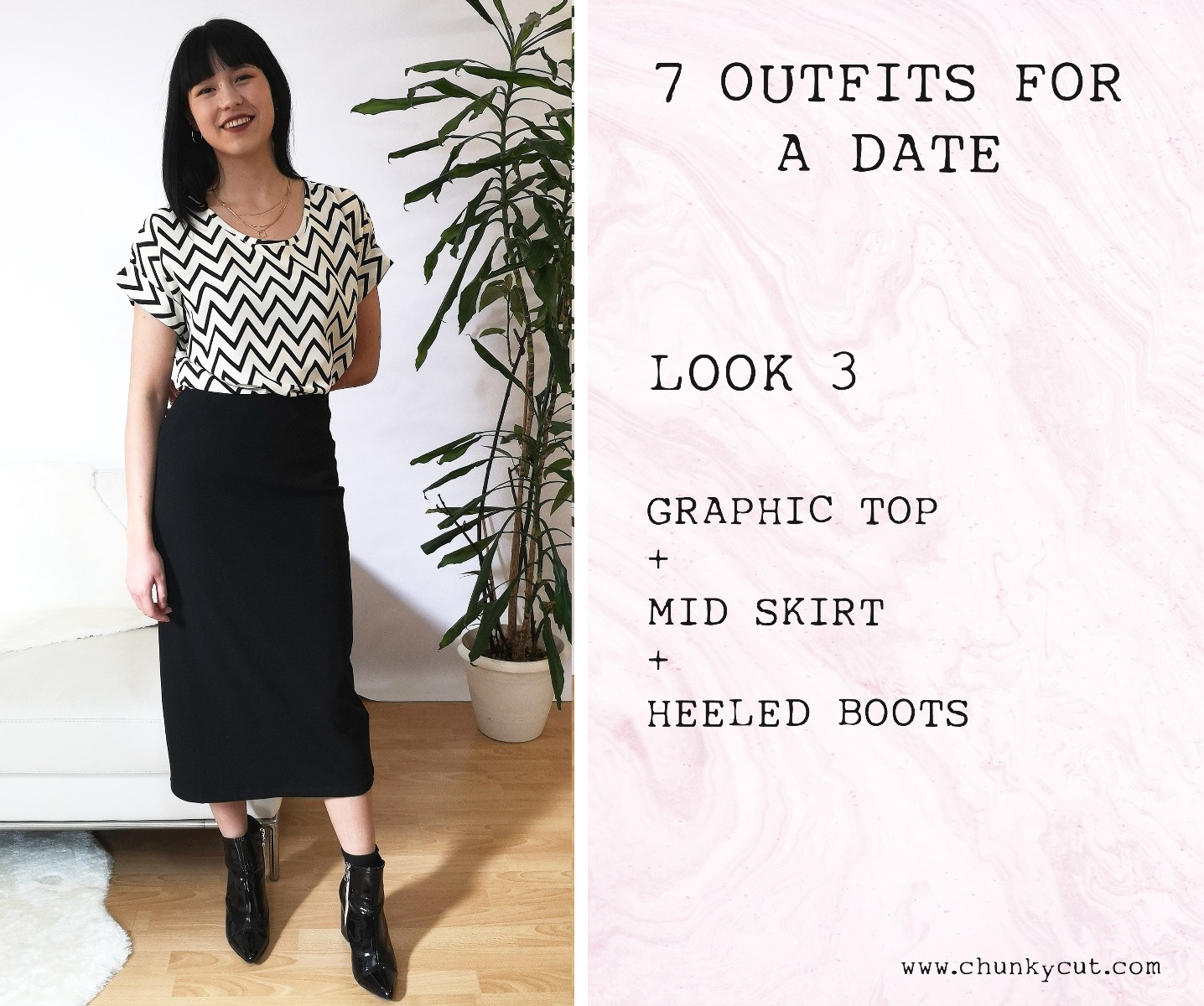 Look 3 with graphic zigzag top, mid skirt and heeled boots