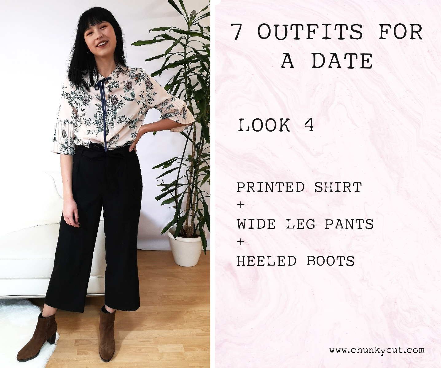 Look 4 with printed shirt, wide leg pants and heeled boots