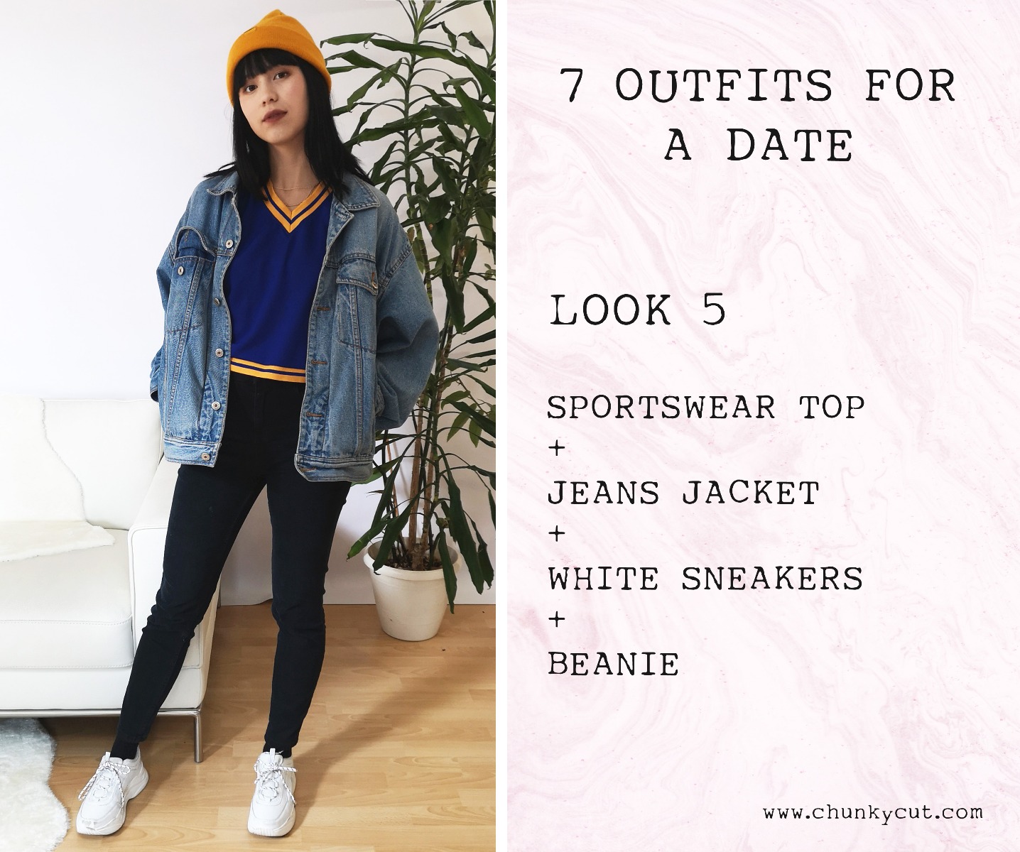 Look 5 with sportswear top, jeans jacket, black skinny jeans, white sneakers and a yellow beanie