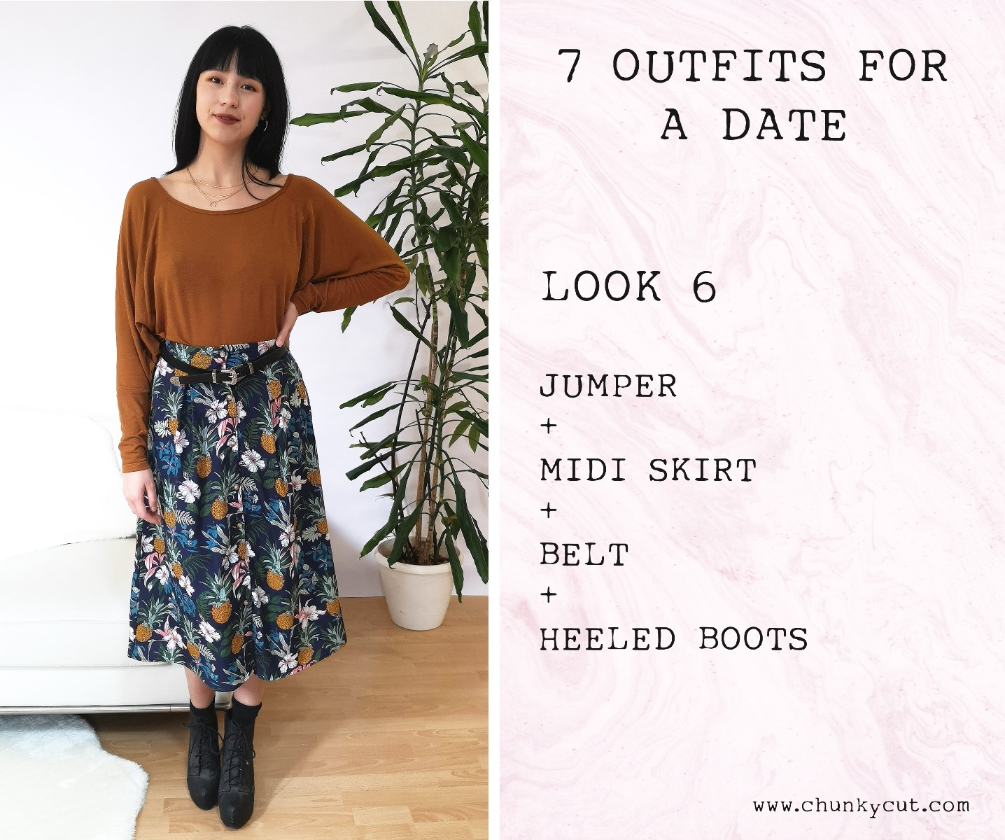 Look 6 with mid-skirt, jumper, belt, heeled boots