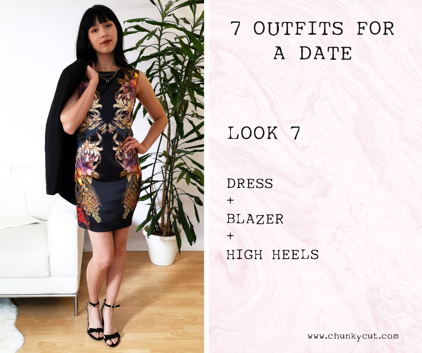 Look 7 with a printed straight dress, heels, and a black blazer